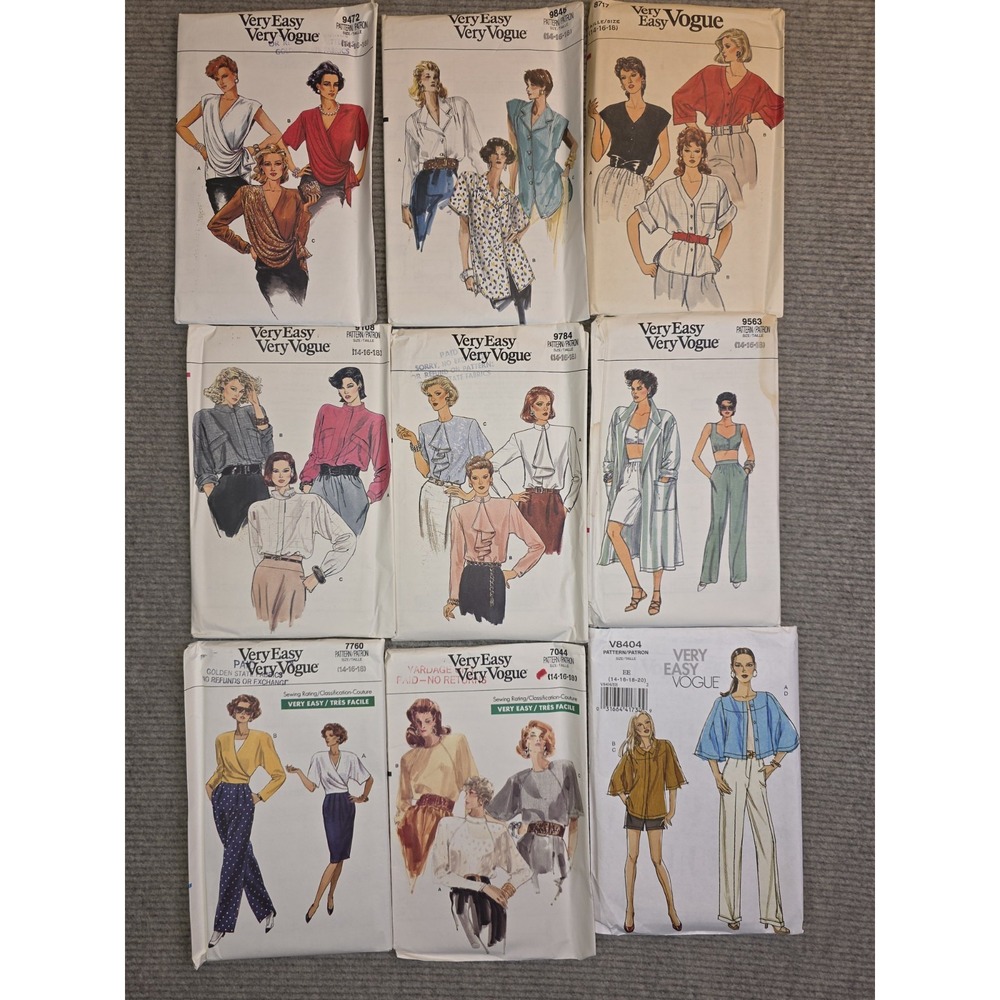 Very Easy Very Vogue Sewing Patterns 80s-90s Lot of 9 Uncut 14/16/18 Tops Pants